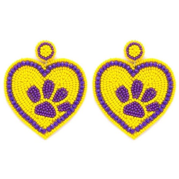 Tiger Paw Print Seed Bead Earrings~LSU Earrings~Purple and Gold Earrings - Picture 1 of 2